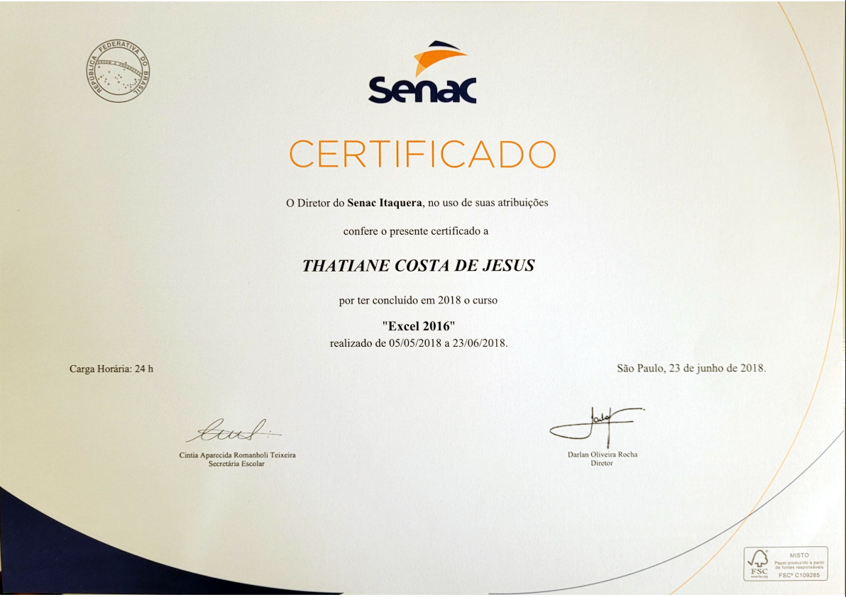 Certificado Excel SENAC